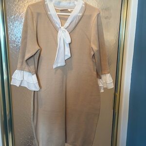 Elegant Tan and White Midi Dress